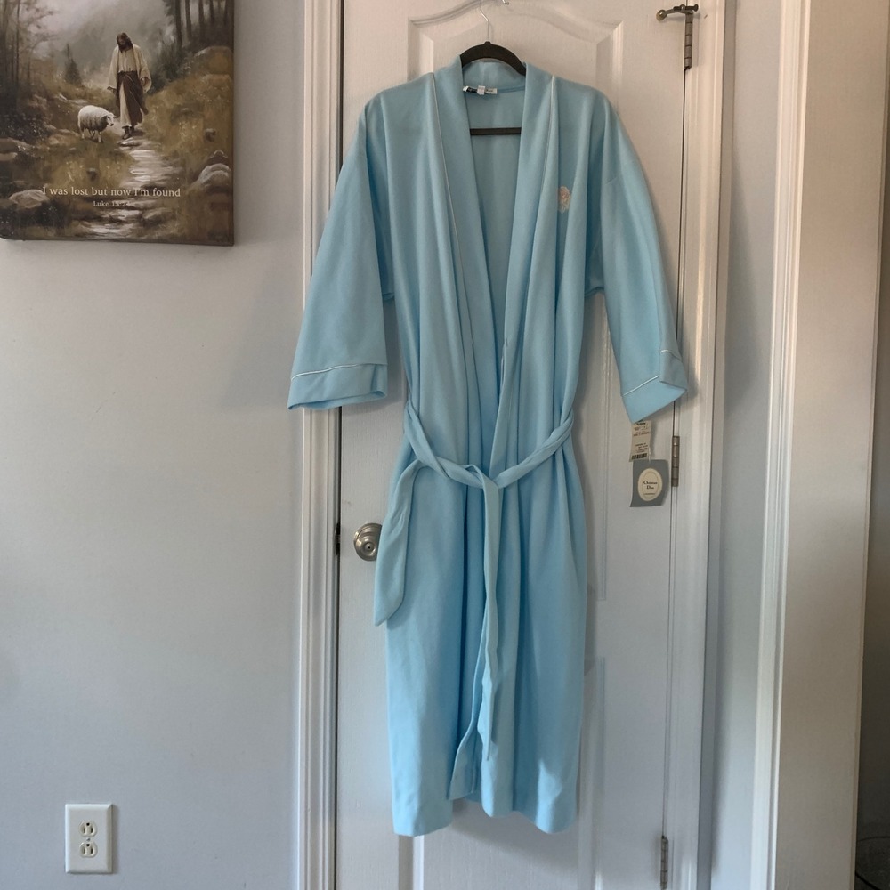 Vintage Christian Dior Women NWT Blue Rose Embroidered Monsieur Loungewear Robe